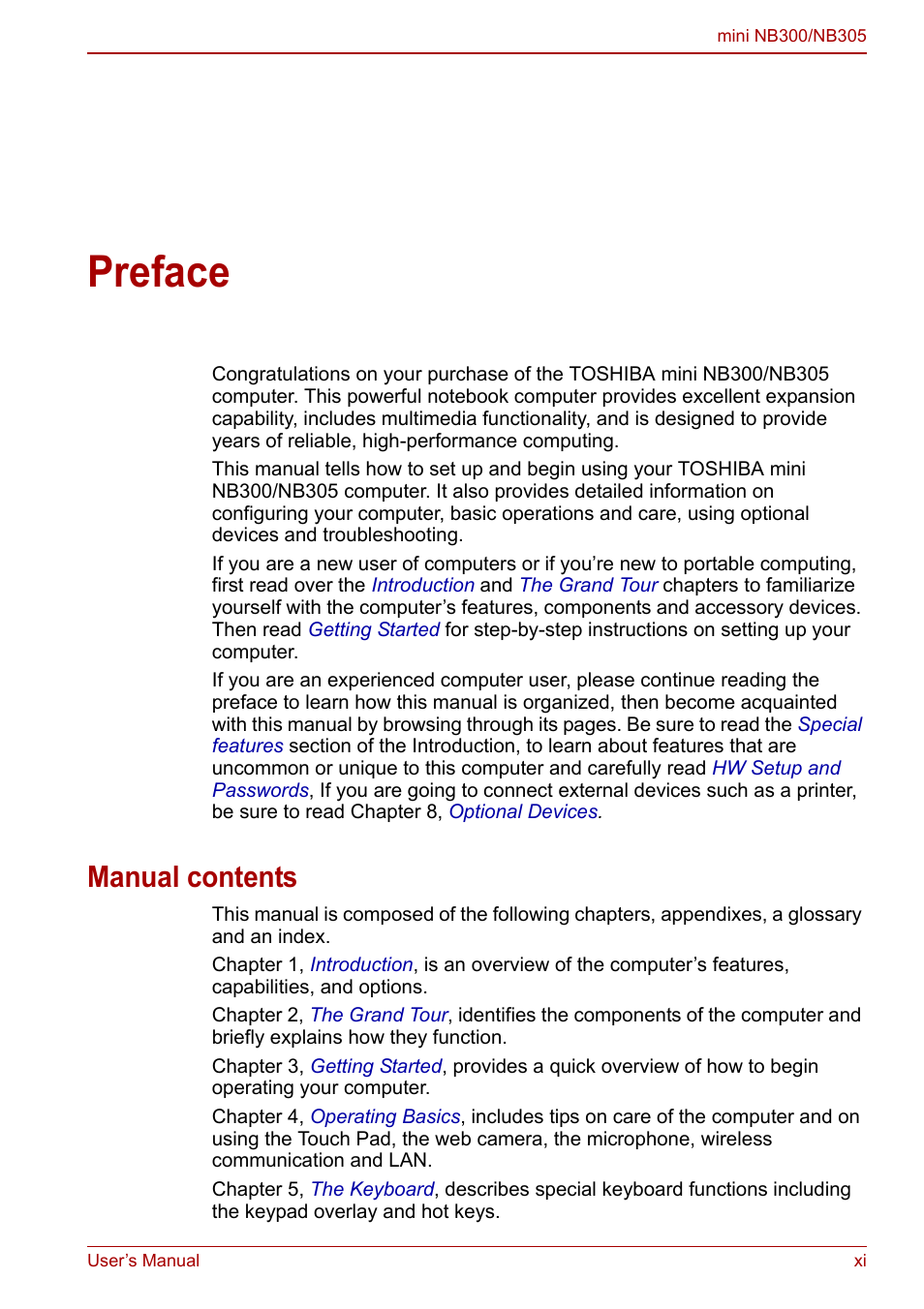 Preface, Manual contents | Toshiba NB300 User Manual | Page 11 / 149