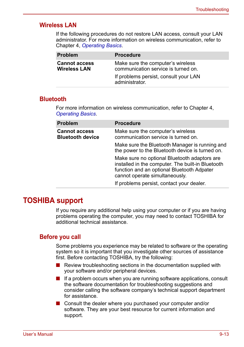 Toshiba support, Toshiba support -13, Wireless lan | Bluetooth, Before you call | Toshiba NB300 User Manual | Page 117 / 149