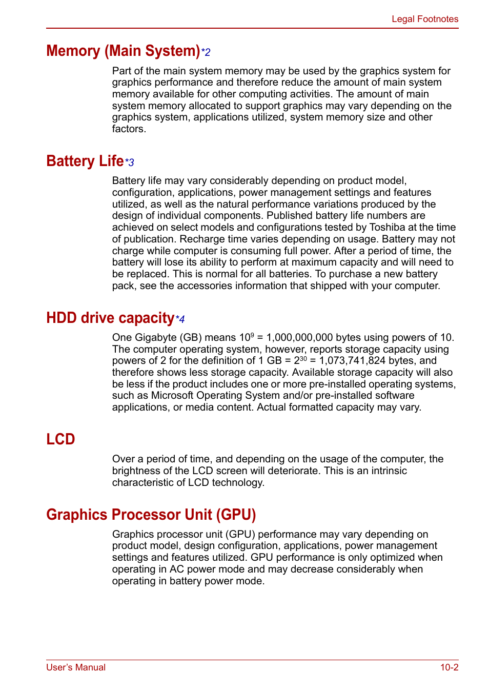 Memory (main system)*2, Battery life*3, Hdd drive capacity*4 | Graphics processor unit (gpu), Memory (main system), Battery life, Hdd drive capacity, Lcd -2 graphics processor unit (gpu) -2, Ireless lan), Battery li fe | Toshiba NB300 User Manual | Page 120 / 149