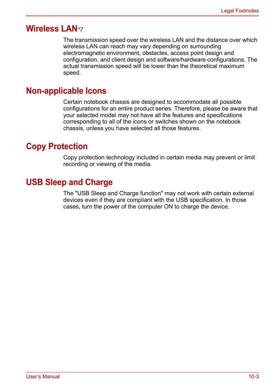 Wireless lan*7, Non-applicable icons, Copy protection | Usb sleep and charge, Wireless lan, Wi reless lan | Toshiba NB300 User Manual | Page 121 / 149