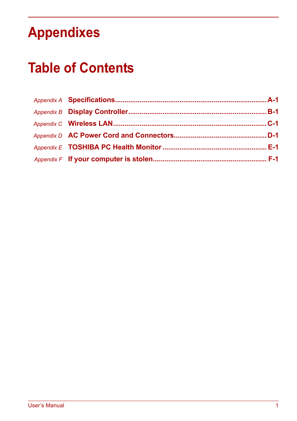 Appendixes, Appendixes table of contents | Toshiba NB300 User Manual | Page 122 / 149