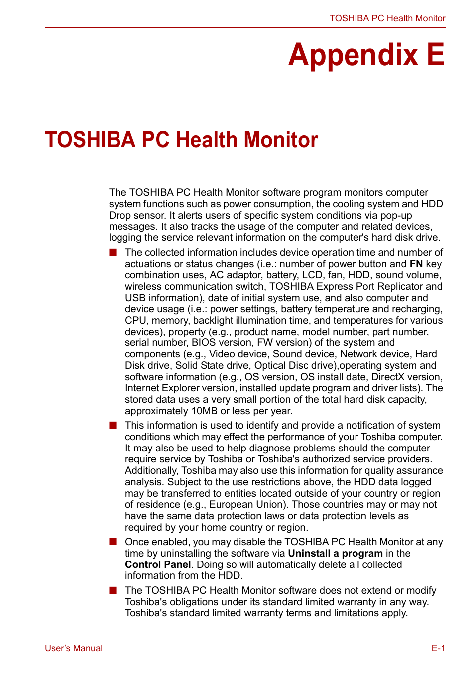 Appendix e: toshiba pc health monitor, Appendix e, Toshiba pc health monitor | Section in | Toshiba NB300 User Manual | Page 129 / 149