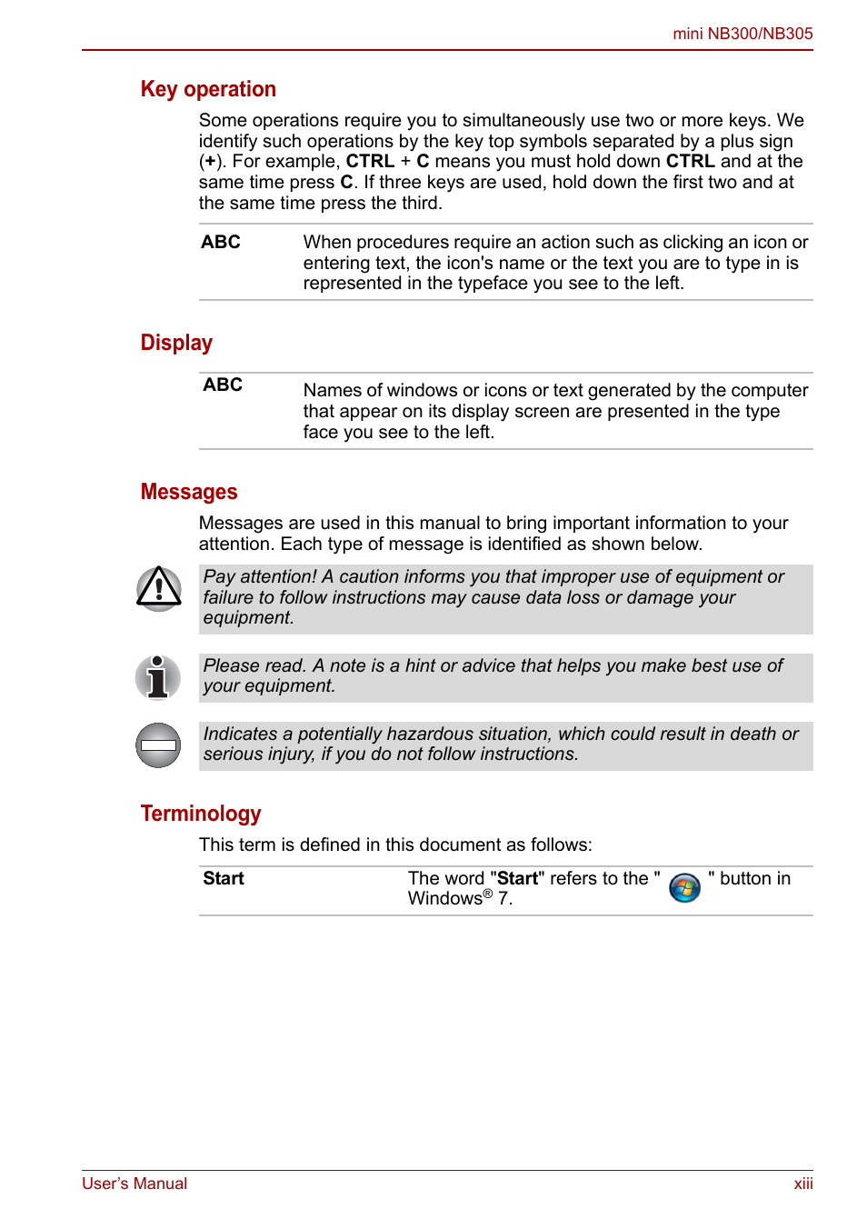 Key operation, Display messages, Terminology | Toshiba NB300 User Manual | Page 13 / 149