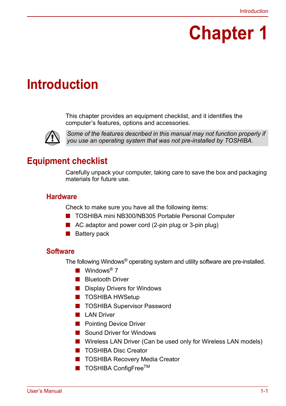 Chapter 1: introduction, Equipment checklist, Chapter 1 | Introduction, Equipment checklist -1, Is an overvie | Toshiba NB300 User Manual | Page 17 / 149