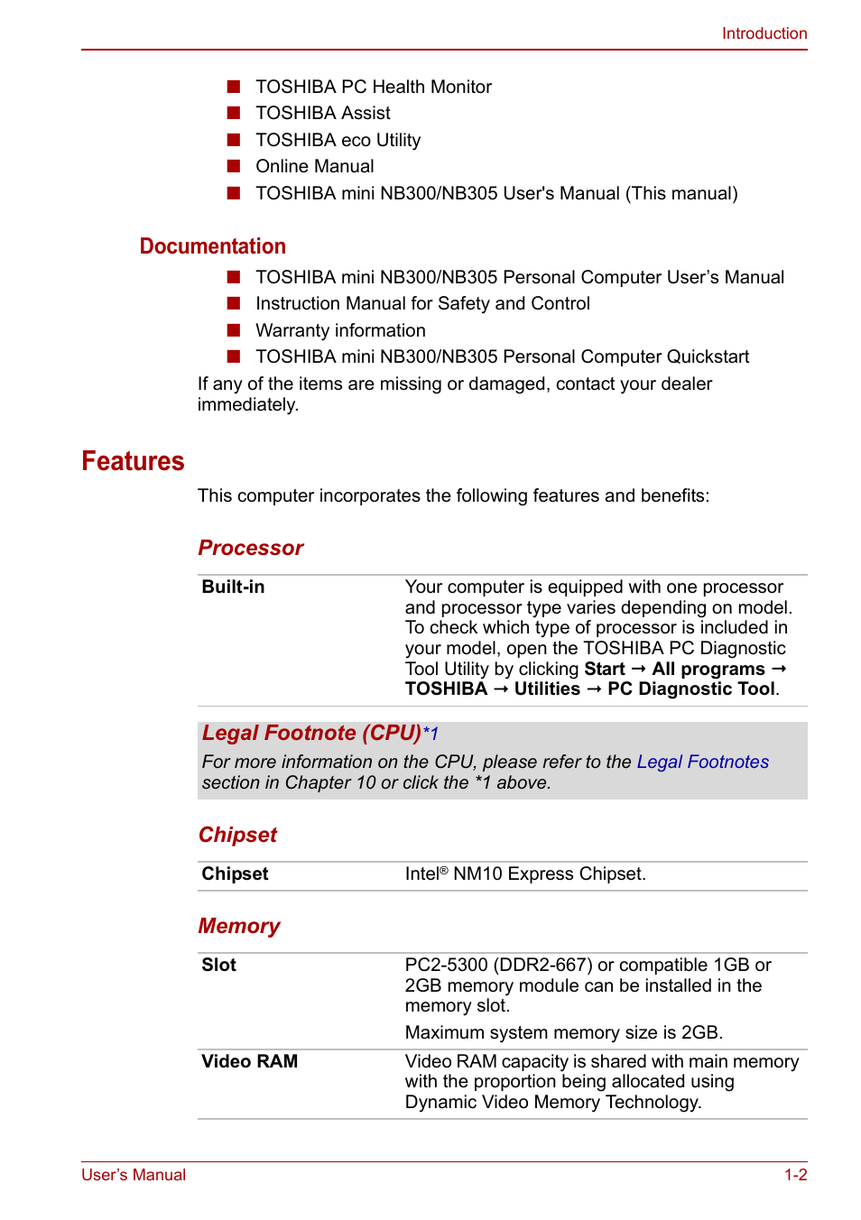 Features, Features -2, Documentation | Toshiba NB300 User Manual | Page 18 / 149