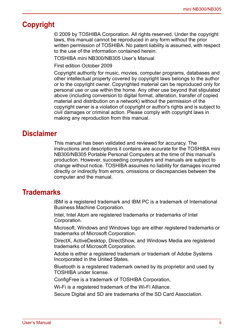 Copyright, Disclaimer, Trademarks | Toshiba NB300 User Manual | Page 2 / 149
