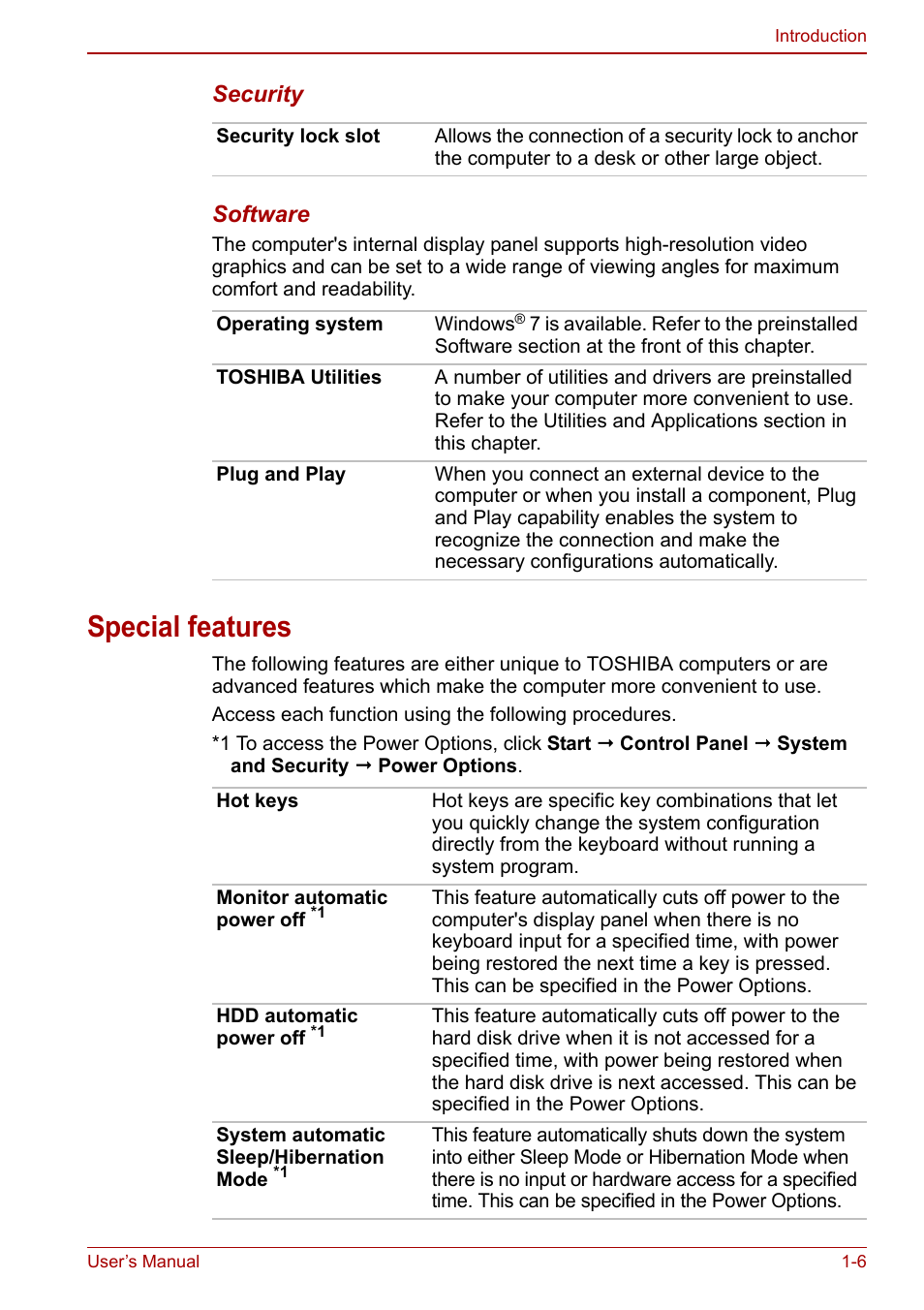 Special features, Special features -6, Special | Features, Section of the | Toshiba NB300 User Manual | Page 22 / 149