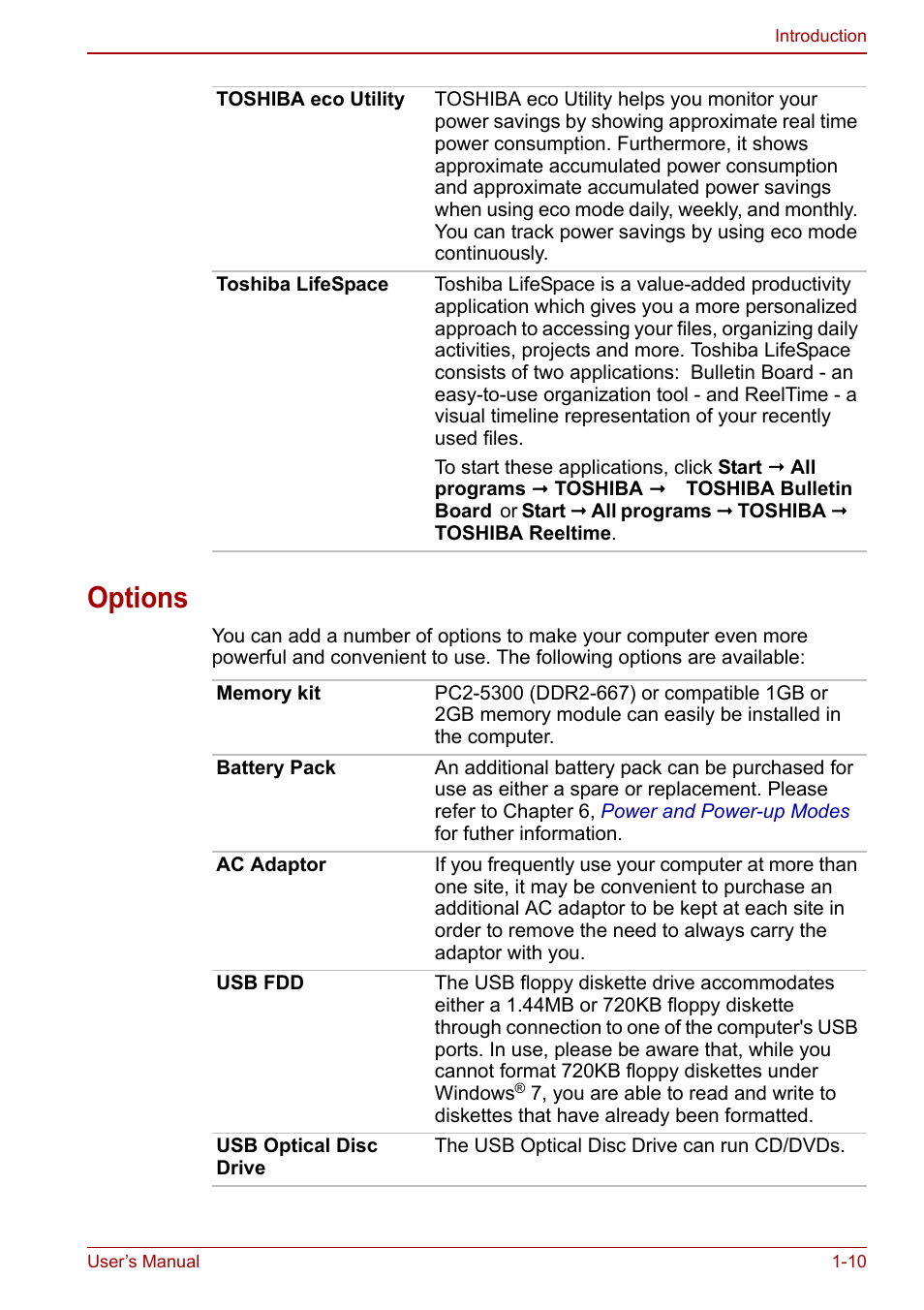 Options, Options -10 | Toshiba NB300 User Manual | Page 26 / 149