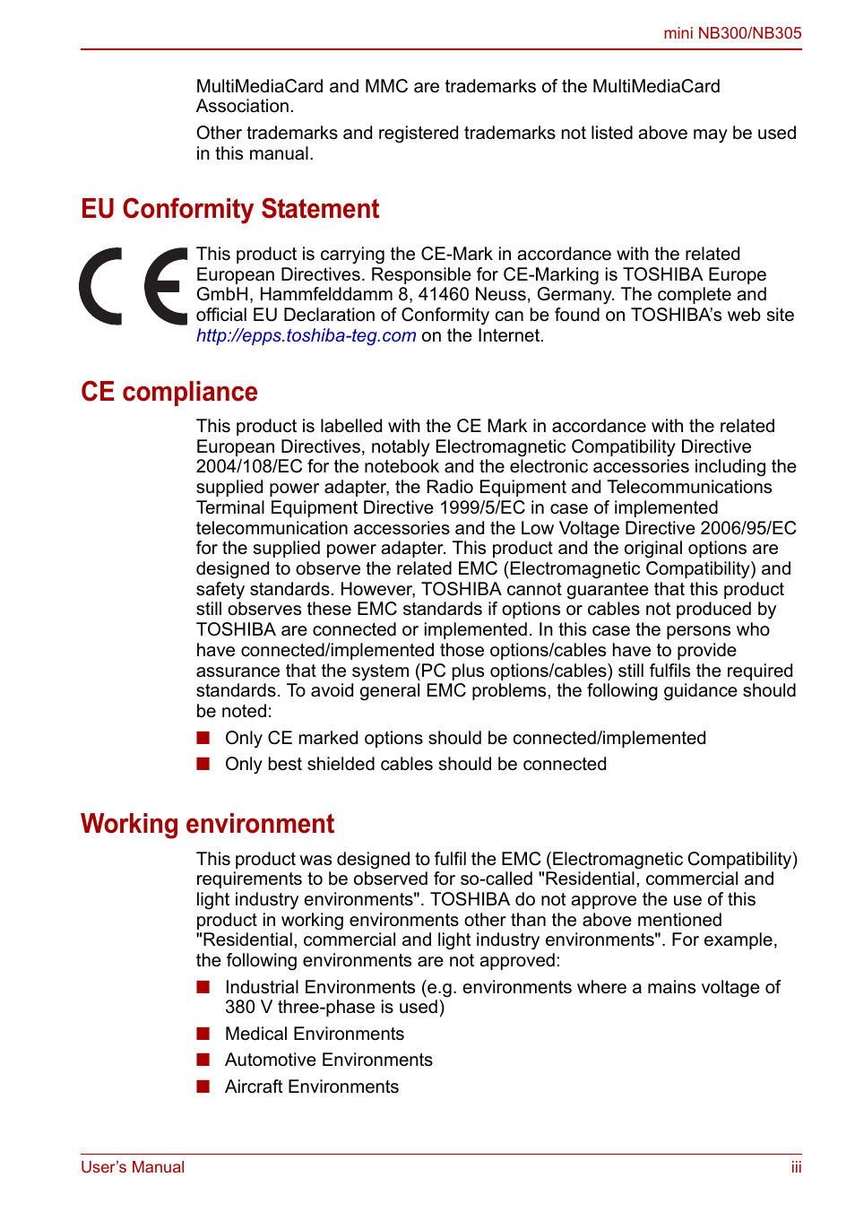 Eu conformity statement, Ce compliance, Working environment | Toshiba NB300 User Manual | Page 3 / 149