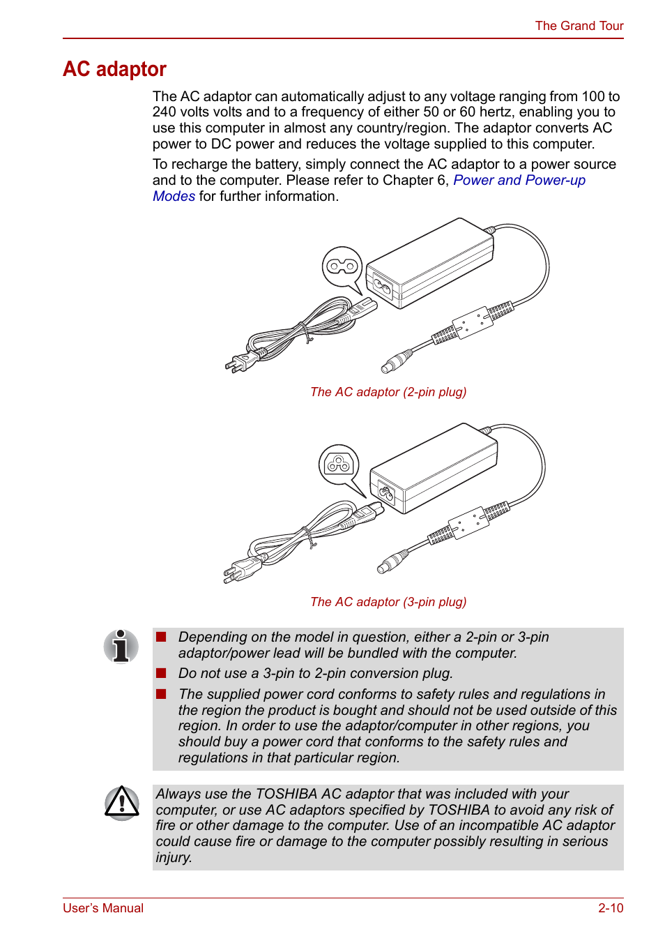 Ac adaptor, Ac adaptor -10 | Toshiba NB300 User Manual | Page 36 / 149