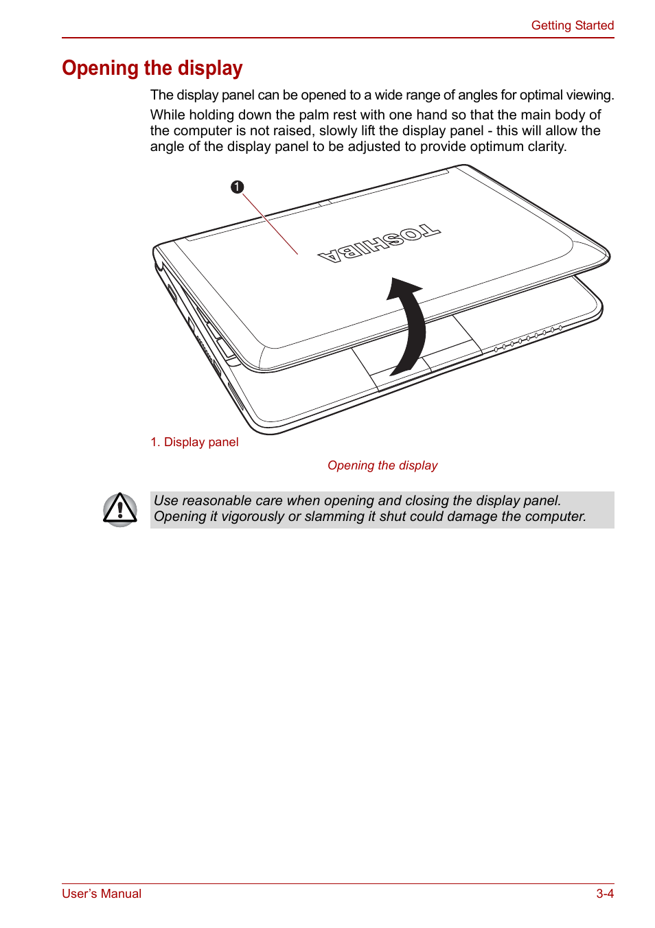 Opening the display, Opening the display -4 | Toshiba NB300 User Manual | Page 40 / 149