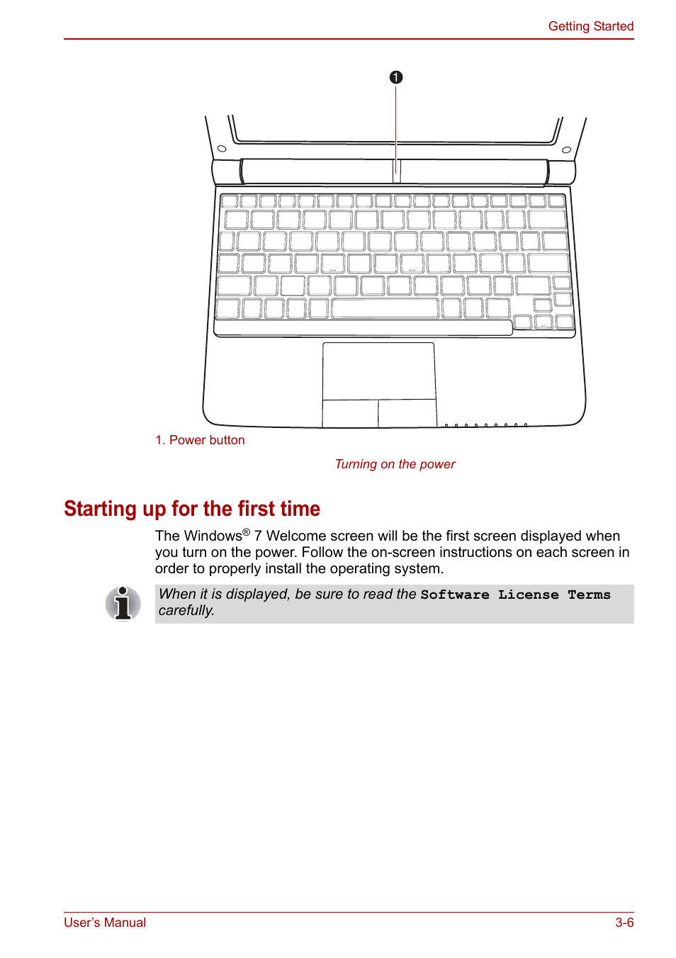 Starting up for the first time, Starting up for the first time -6, To the section | Starting, Up for the first time | Toshiba NB300 User Manual | Page 42 / 149