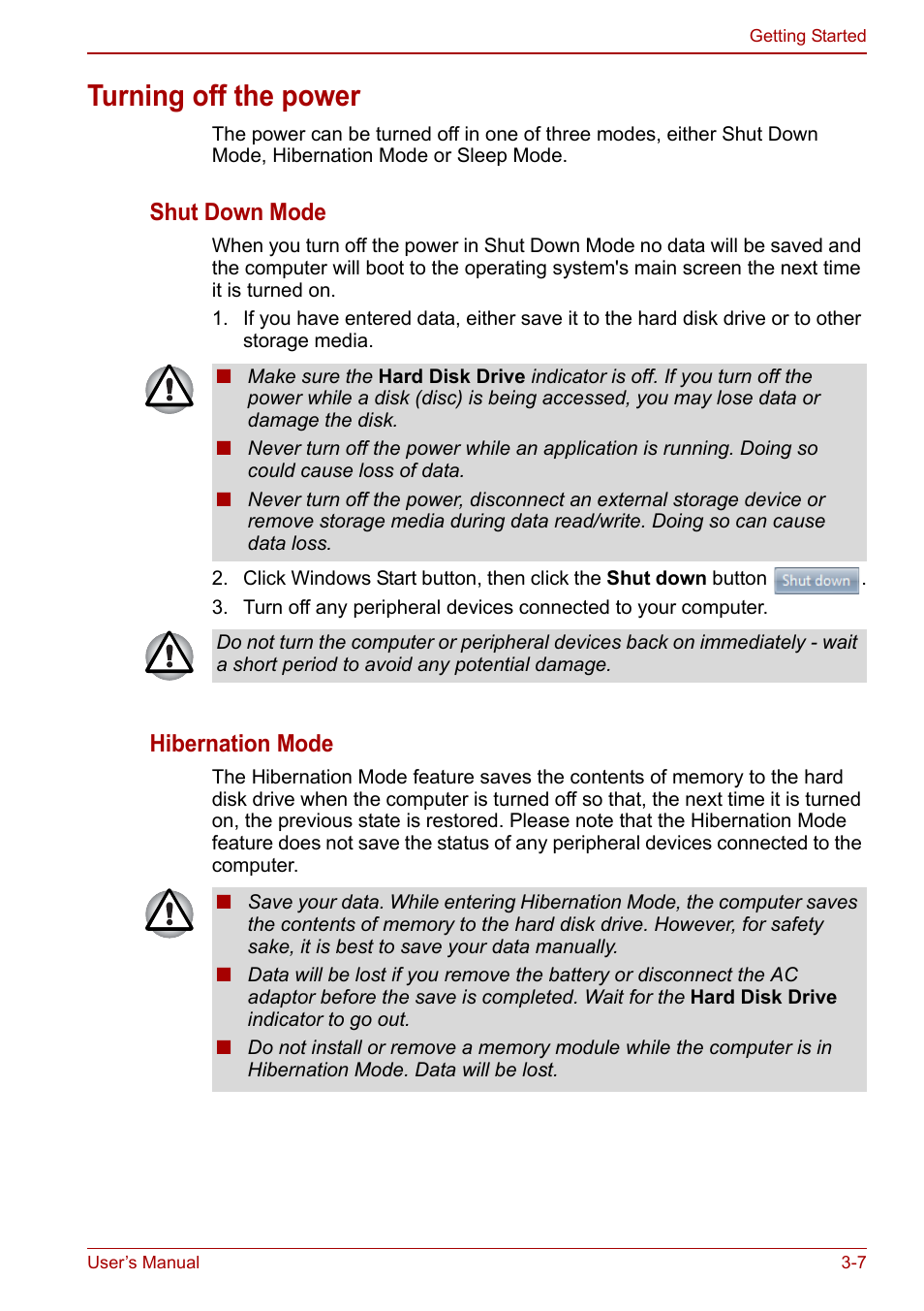 Turning off the power, Turning off the power -7, Shut down mode | Hibernation mode | Toshiba NB300 User Manual | Page 43 / 149