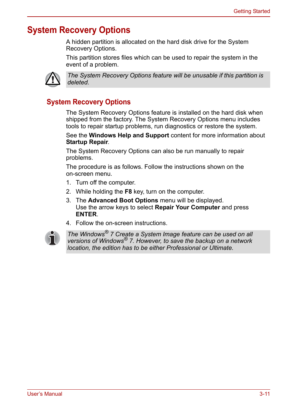 System recovery options, System recovery options -11 | Toshiba NB300 User Manual | Page 47 / 149