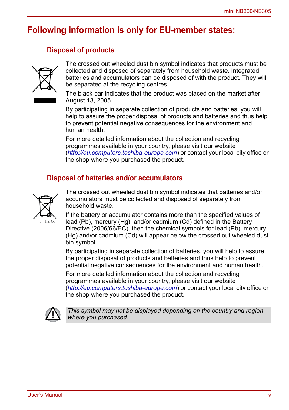 Following information is only for eu-member states | Toshiba NB300 User Manual | Page 5 / 149