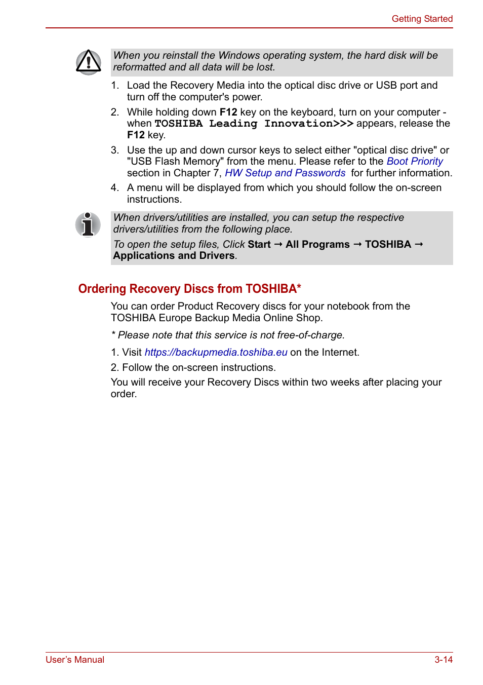 Ordering recovery discs from toshiba | Toshiba NB300 User Manual | Page 50 / 149