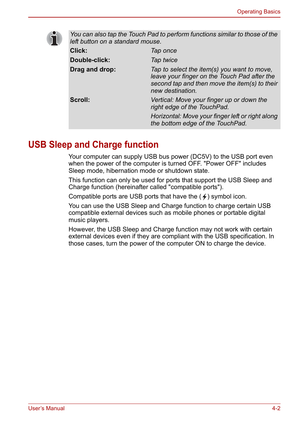 Usb sleep and charge function, Usb sleep and charge function -2, Usb sleep and | Toshiba NB300 User Manual | Page 52 / 149