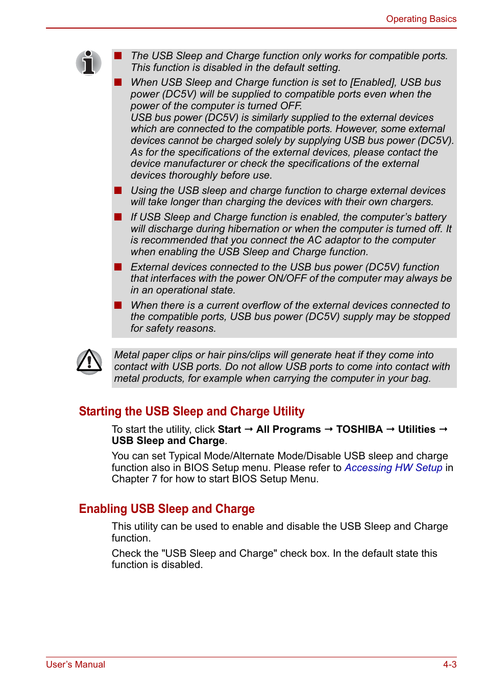 Starting the usb sleep and charge utility, Enabling usb sleep and charge | Toshiba NB300 User Manual | Page 53 / 149