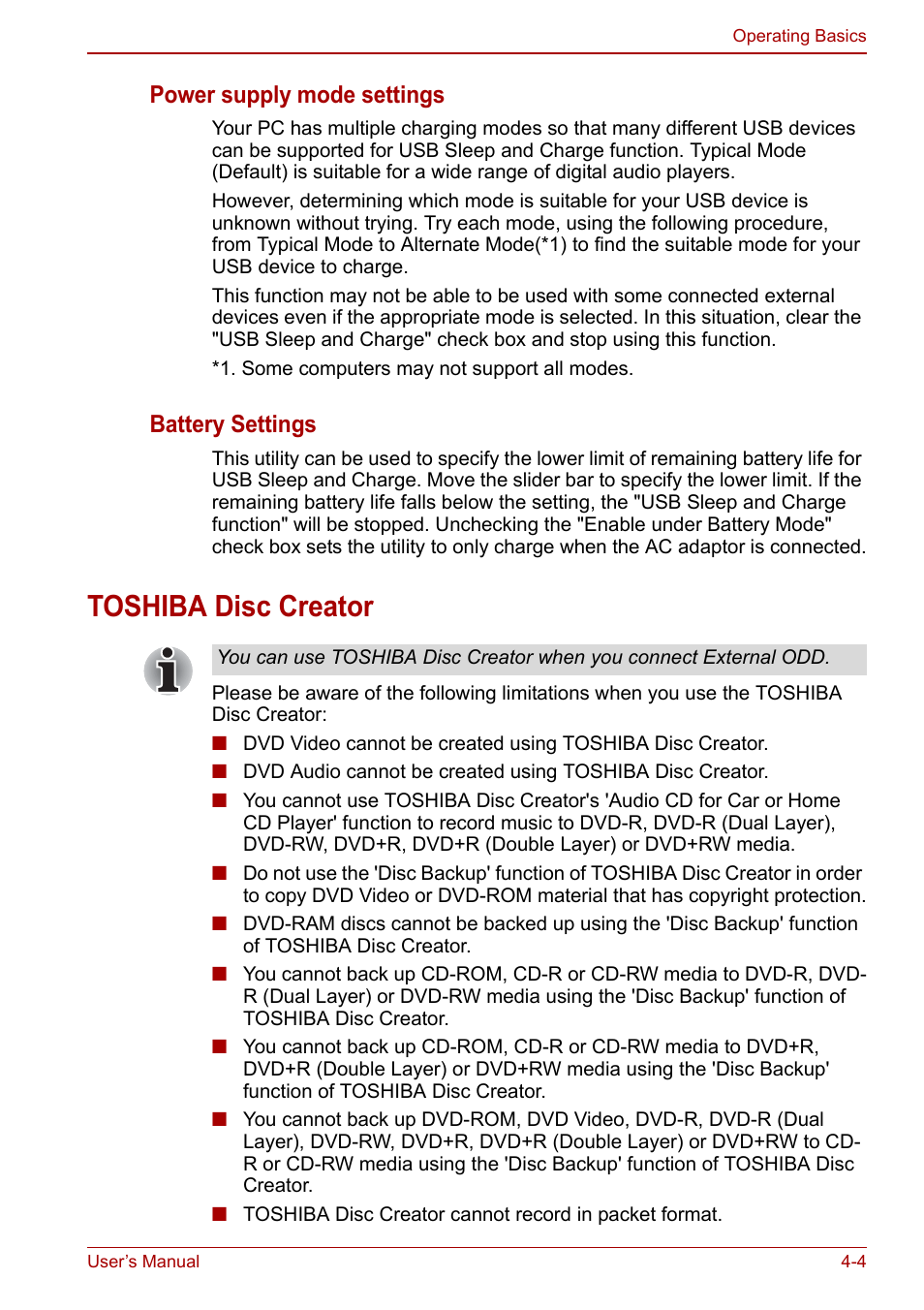 Toshiba disc creator, Toshiba disc creator -4, Power supply mode settings | Battery settings | Toshiba NB300 User Manual | Page 54 / 149