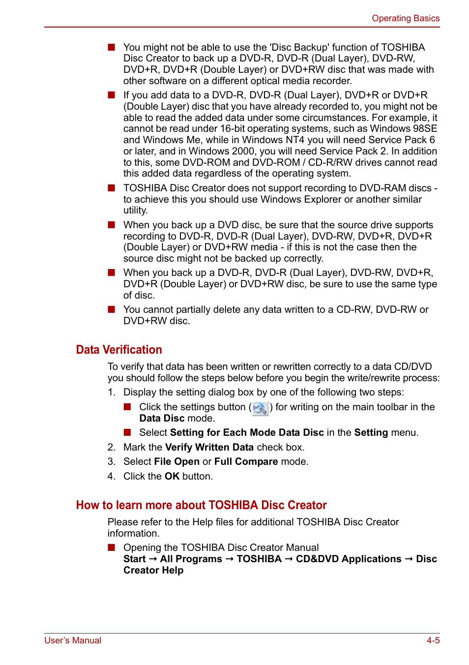 Data verification, How to learn more about toshiba disc creator | Toshiba NB300 User Manual | Page 55 / 149