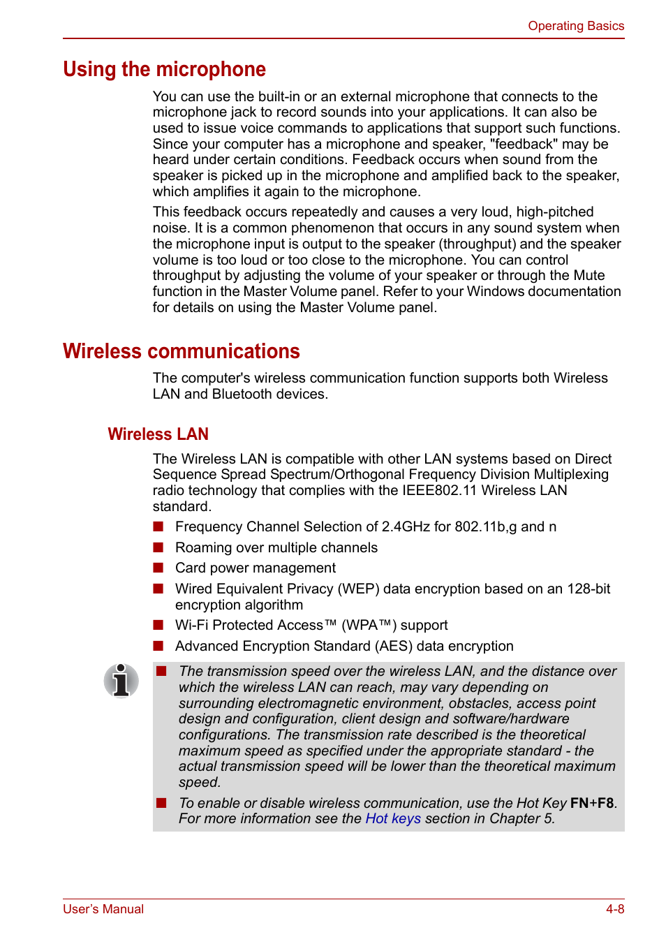 Using the microphone, Wireless communications, Using the microphone -8 wireless communications -8 | Wireless lan | Toshiba NB300 User Manual | Page 58 / 149