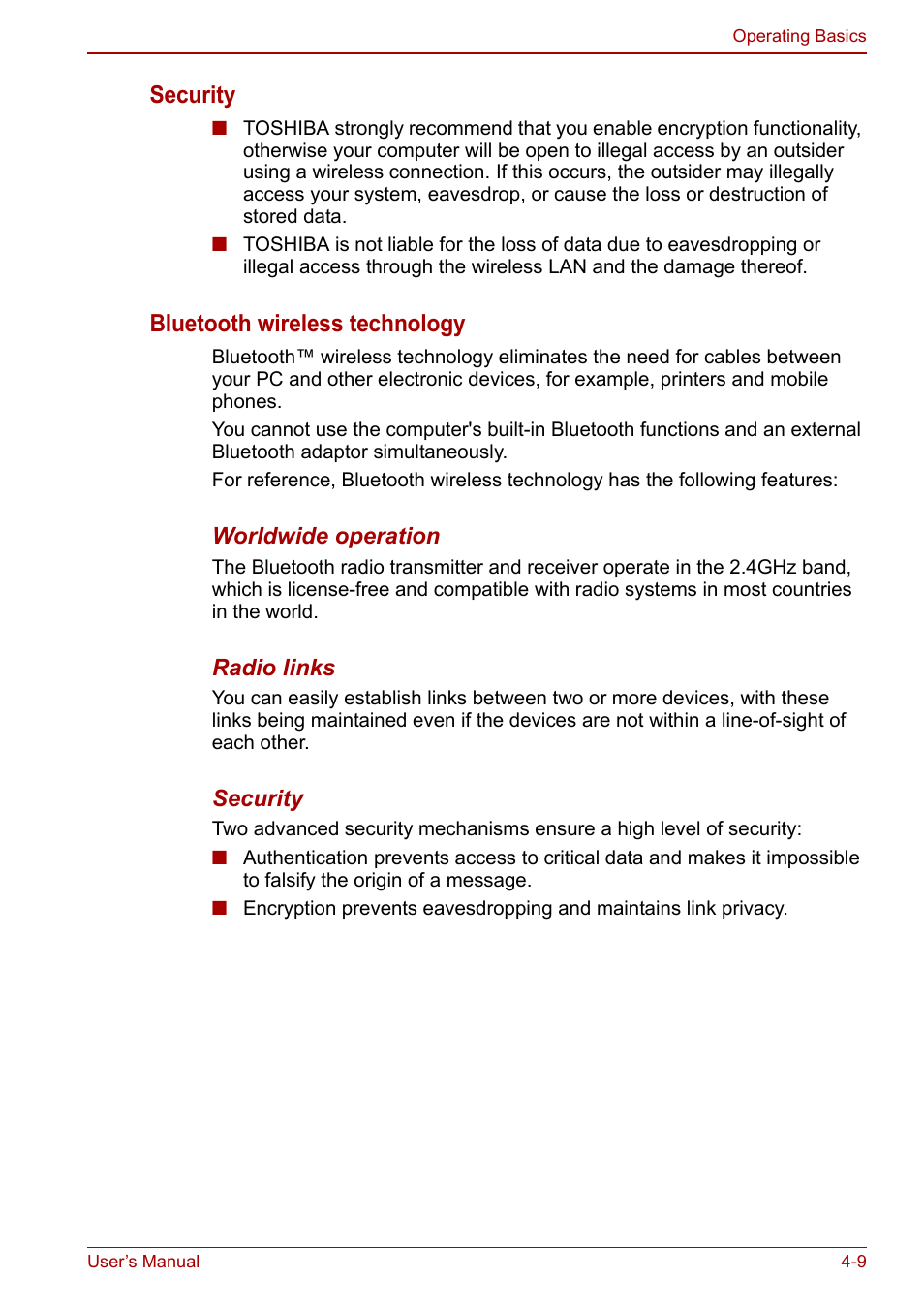 Security, Bluetooth wireless technology | Toshiba NB300 User Manual | Page 59 / 149