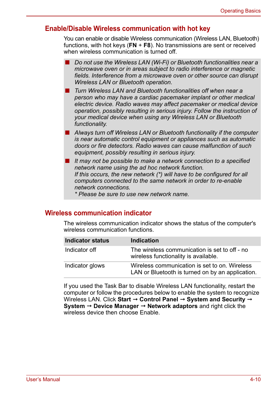 Enable/disable wireless communication with hot key, Wireless communication indicator | Toshiba NB300 User Manual | Page 60 / 149