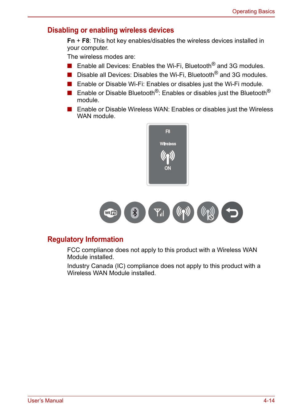 Disabling or enabling wireless devices, Regulatory information | Toshiba NB300 User Manual | Page 64 / 149