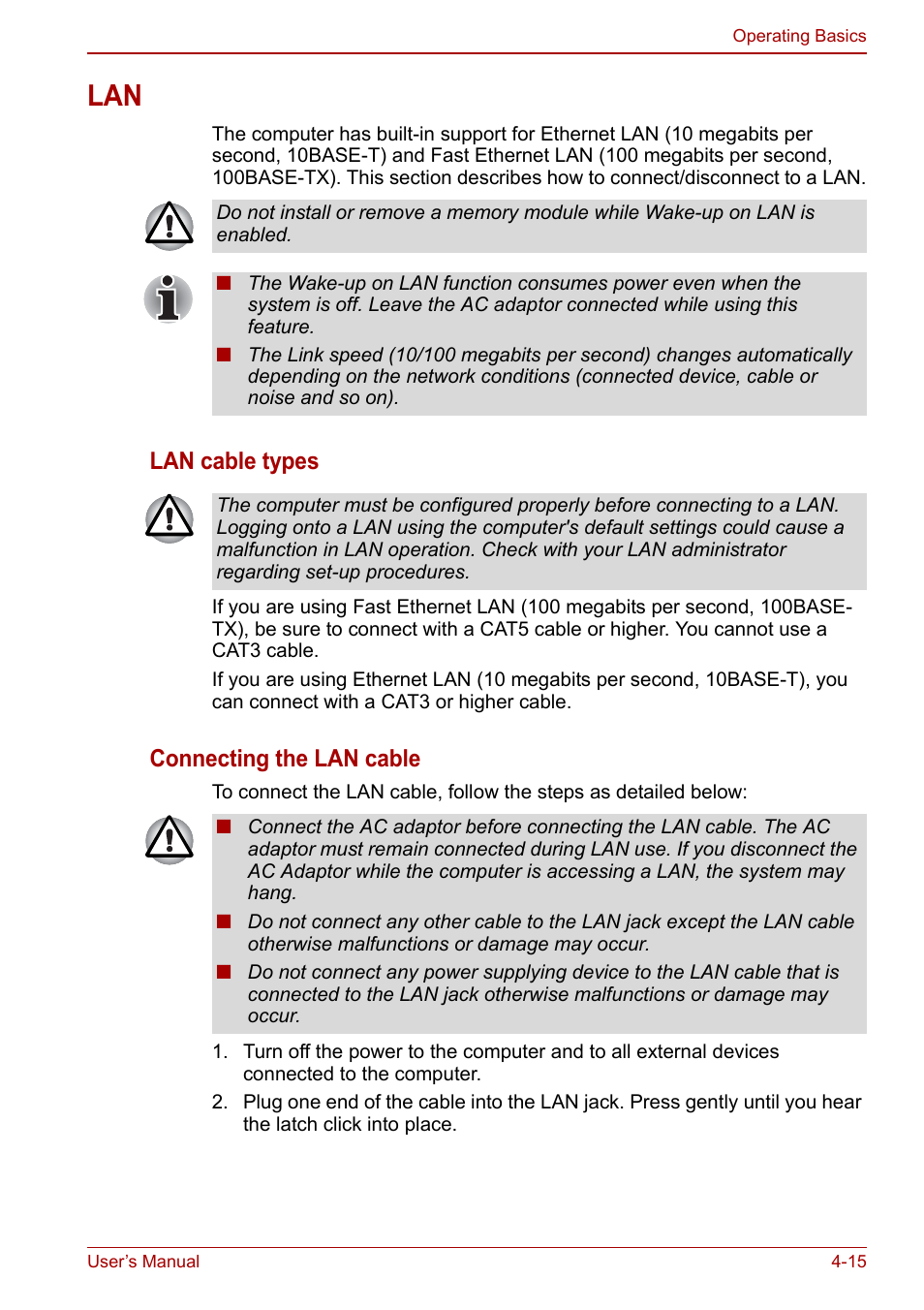 Lan -15, Lan cable types, Connecting the lan cable | Toshiba NB300 User Manual | Page 65 / 149