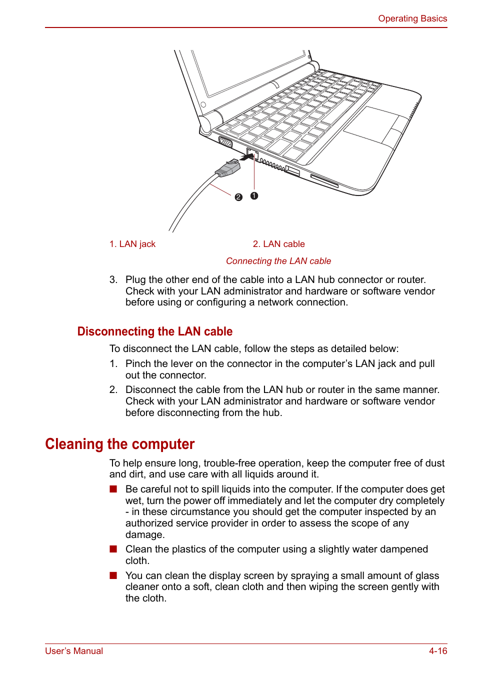 Cleaning the computer, Cleaning the computer -16, Disconnecting the lan cable | Toshiba NB300 User Manual | Page 66 / 149