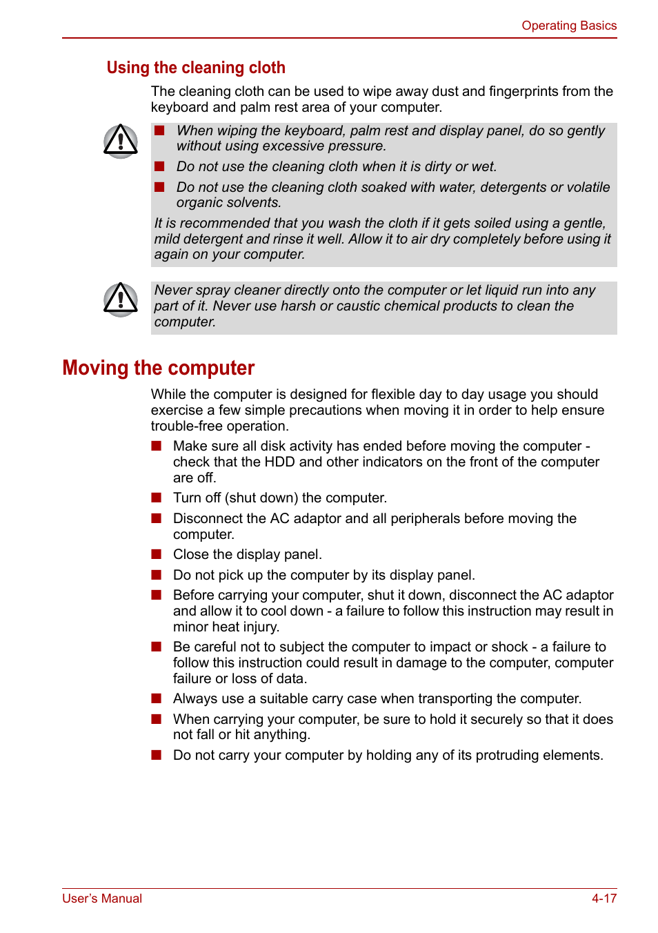 Moving the computer, Moving the computer -17, Using the cleaning cloth | Toshiba NB300 User Manual | Page 67 / 149