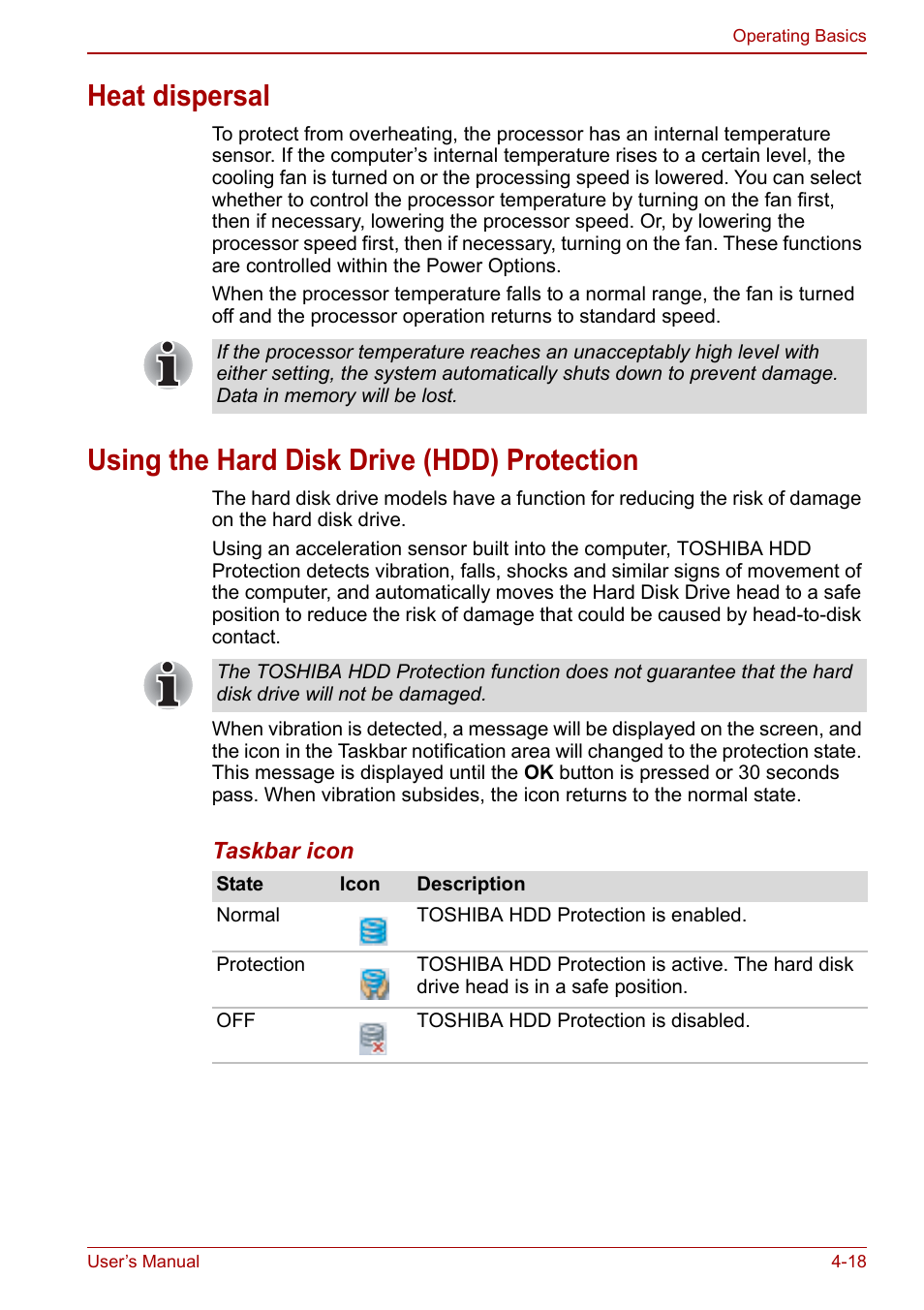 Heat dispersal, Using the hard disk drive (hdd) protection | Toshiba NB300 User Manual | Page 68 / 149