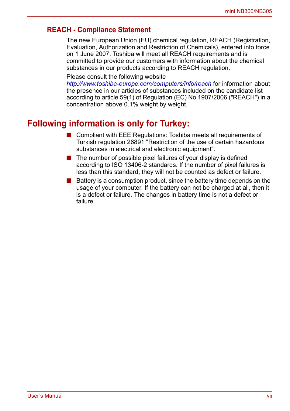 Following information is only for turkey, Reach - compliance statement | Toshiba NB300 User Manual | Page 7 / 149