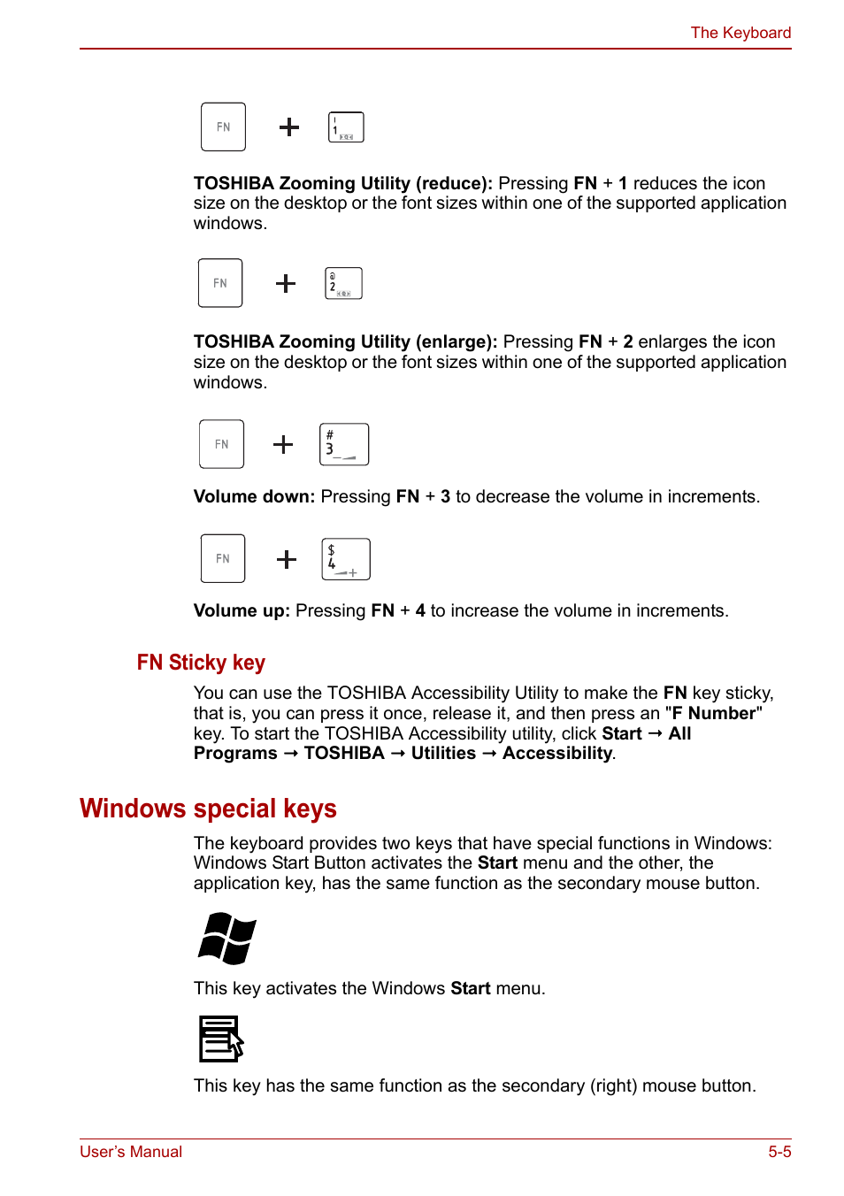Windows special keys, Windows special keys -5, Fn sticky key | Toshiba NB300 User Manual | Page 75 / 149
