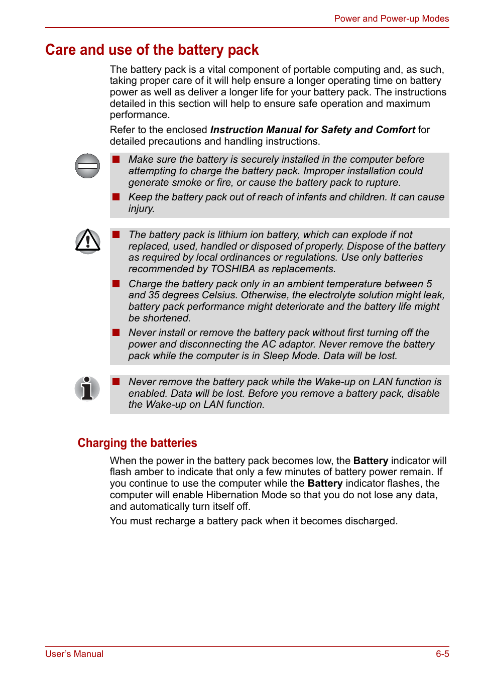 Care and use of the battery pack, Care and use of the battery pack -5, Charging the batteries | Toshiba NB300 User Manual | Page 82 / 149