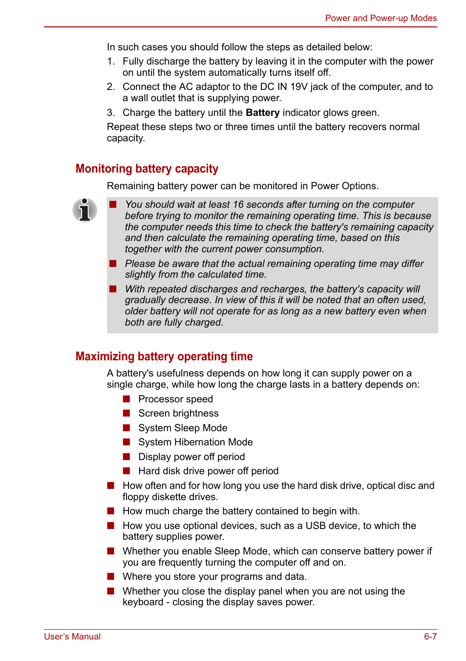 Monitoring battery capacity, Maximizing battery operating time | Toshiba NB300 User Manual | Page 84 / 149