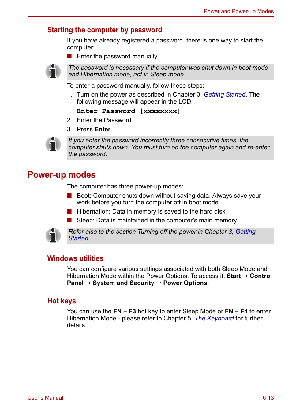 Power-up modes, Power-up modes -13, Starting the computer by password | Windows utilities, Hot keys | Toshiba NB300 User Manual | Page 90 / 149