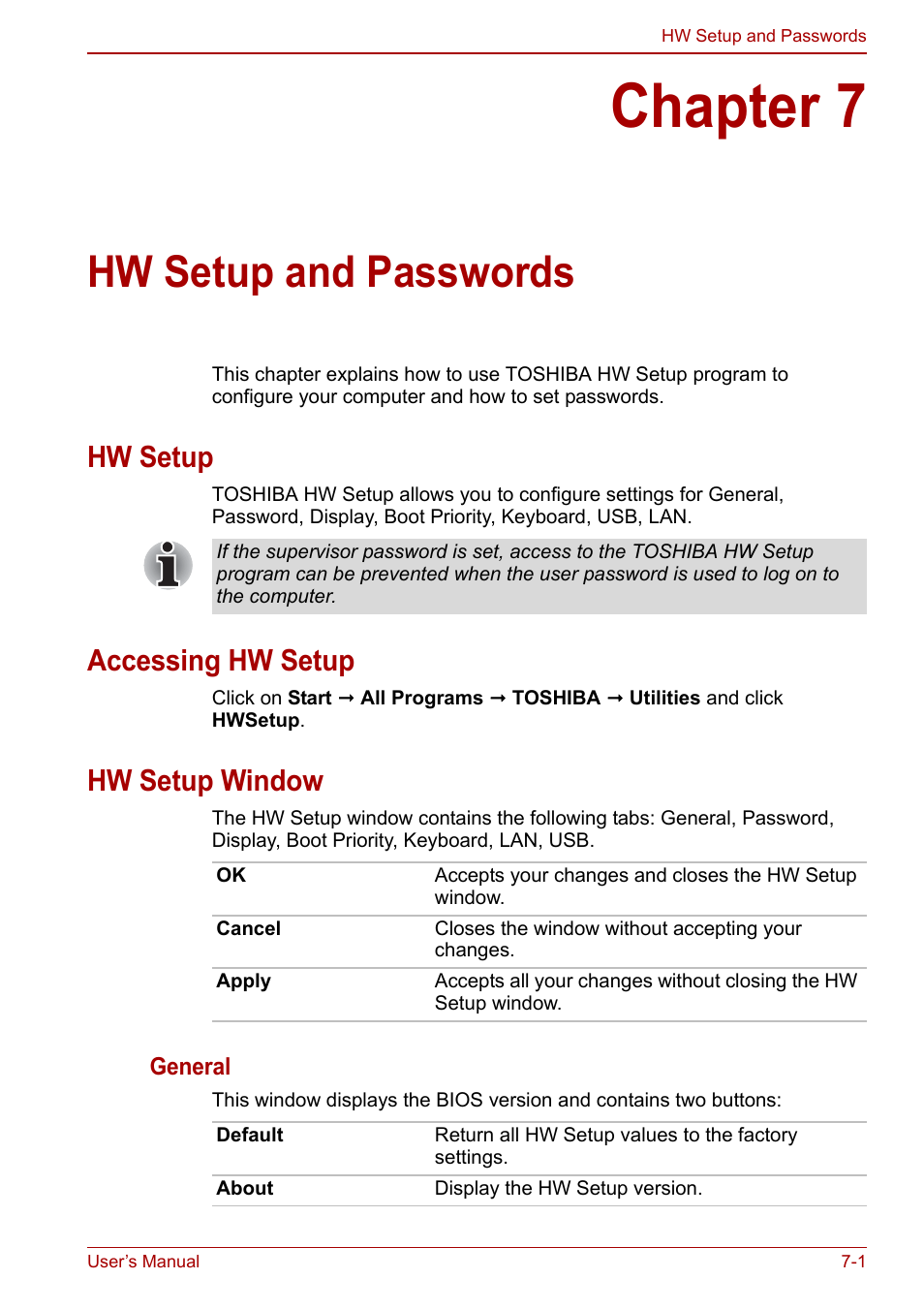 Chapter 7: hw setup and passwords, Hw setup, Accessing hw setup | Hw setup window, Chapter 7, Hw setup and passwords, Hw setup and, Passwords, If you are goi, Ter 7 | Toshiba NB300 User Manual | Page 92 / 149