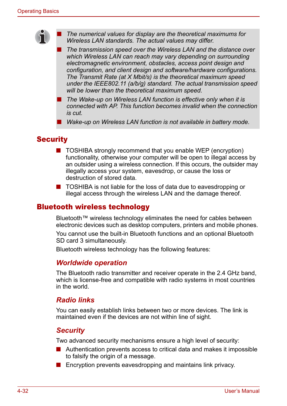 Security, Bluetooth wireless technology | Toshiba Qosmio F30 (PQF32) User Manual | Page 100 / 276