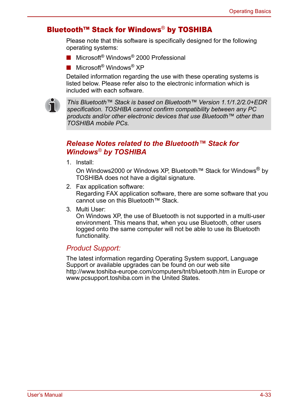 Bluetooth™ stack for windows, By toshiba, Product support | Toshiba Qosmio F30 (PQF32) User Manual | Page 101 / 276