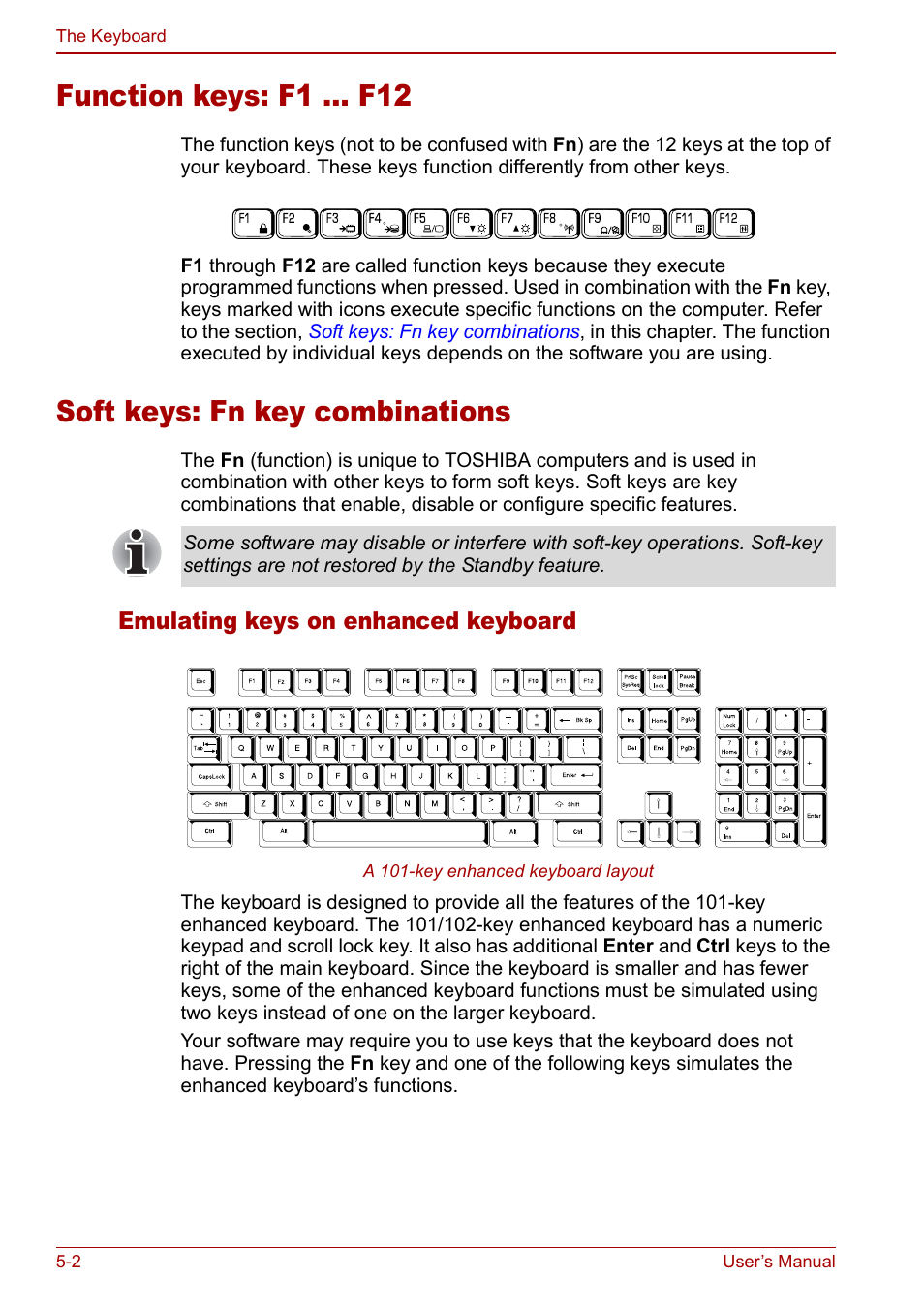 Function keys: f1 … f12, Soft keys: fn key combinations | Toshiba Qosmio F30 (PQF32) User Manual | Page 108 / 276