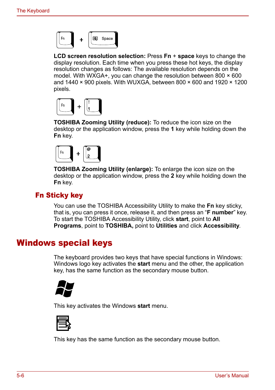 Windows special keys, Windows special keys -6, Fn sticky key | Toshiba Qosmio F30 (PQF32) User Manual | Page 112 / 276