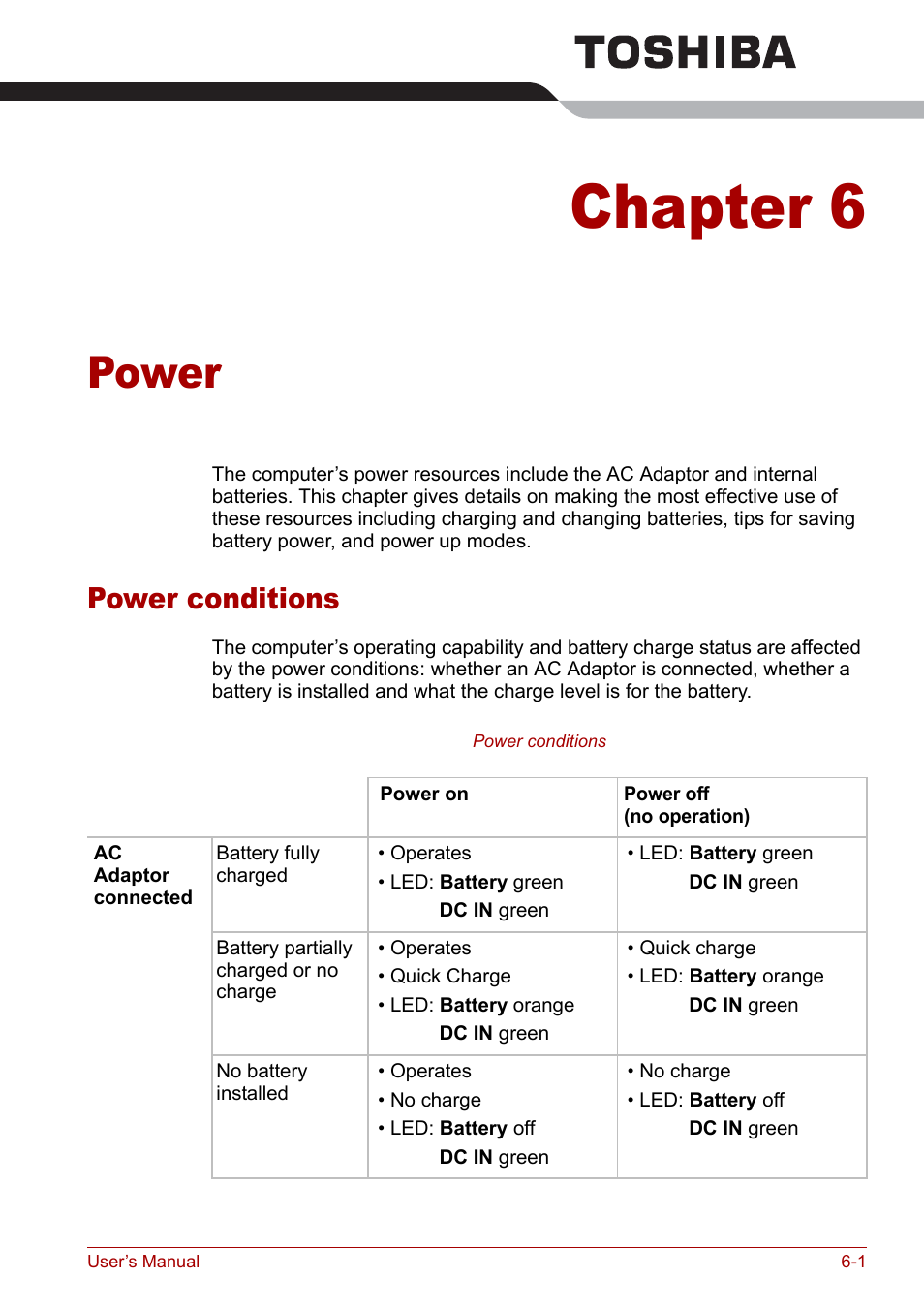 Chapter 6 - power, Power conditions, Chapter 6 | Power, Power conditions -1 | Toshiba Qosmio F30 (PQF32) User Manual | Page 115 / 276