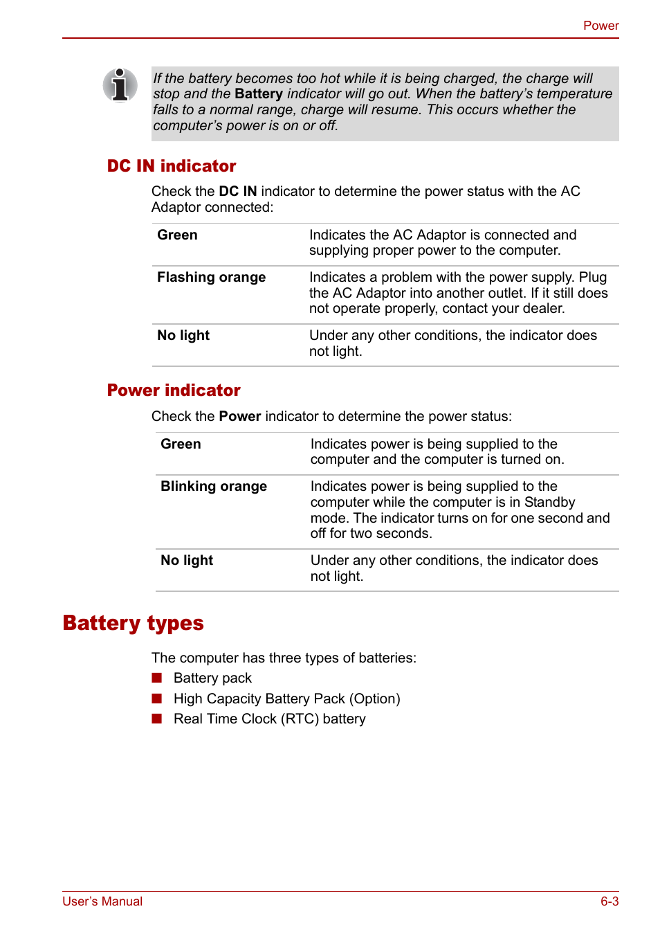 Battery types, Battery types -3, Dc in indicator | Power indicator | Toshiba Qosmio F30 (PQF32) User Manual | Page 117 / 276