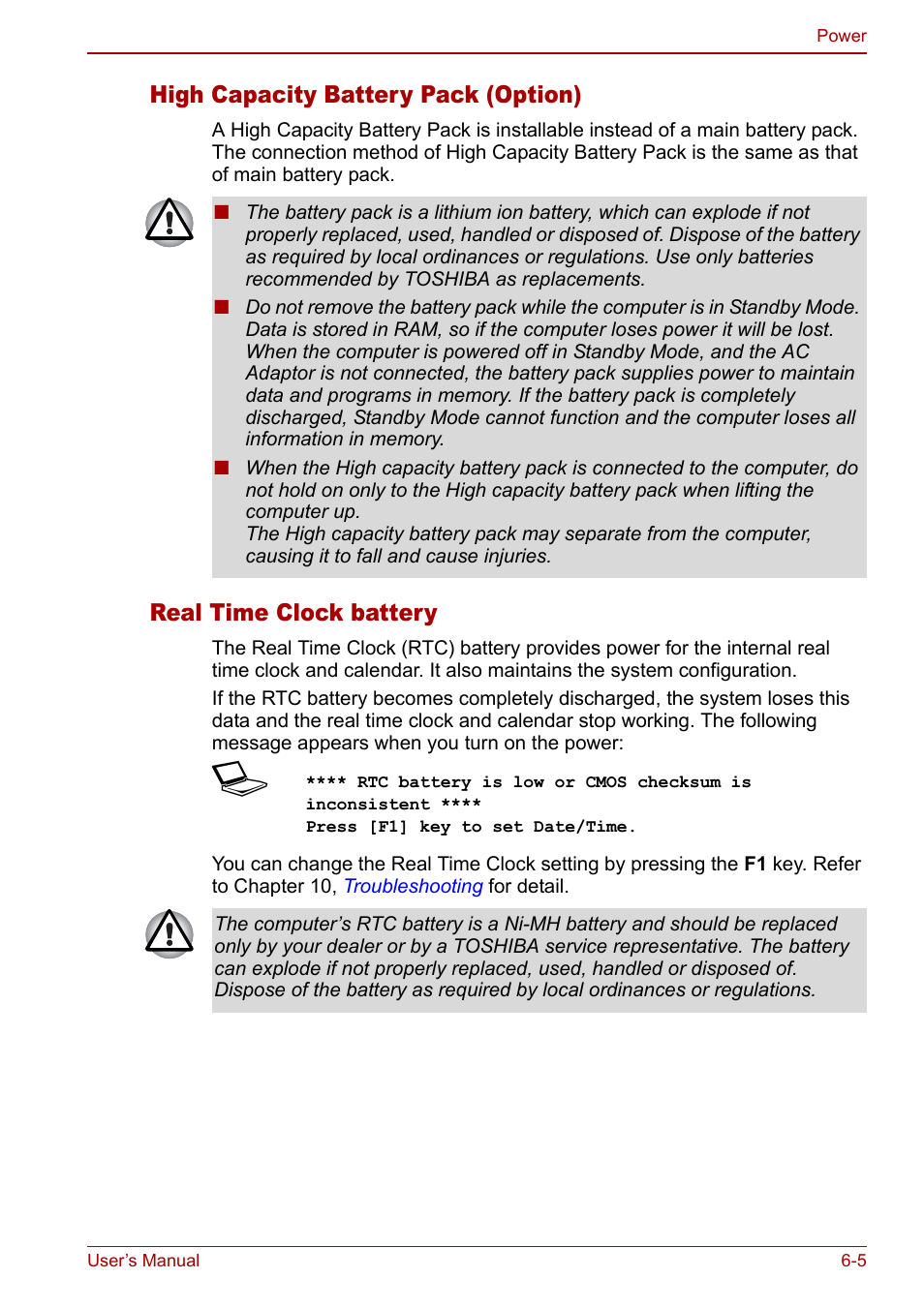 High capacity battery pack (option), Real time clock battery | Toshiba Qosmio F30 (PQF32) User Manual | Page 119 / 276