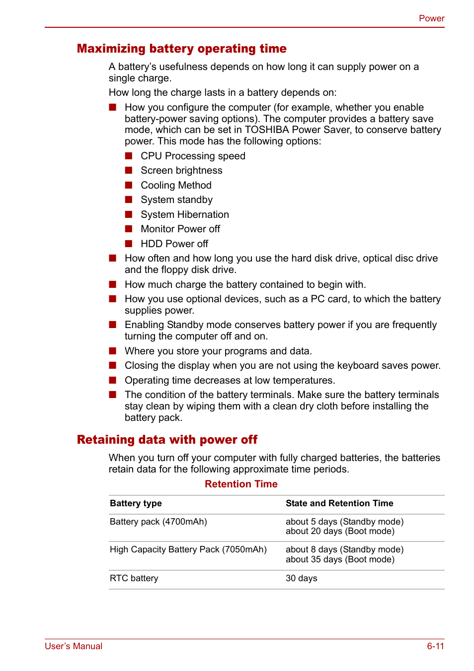 Maximizing battery operating time, Retaining data with power off | Toshiba Qosmio F30 (PQF32) User Manual | Page 125 / 276