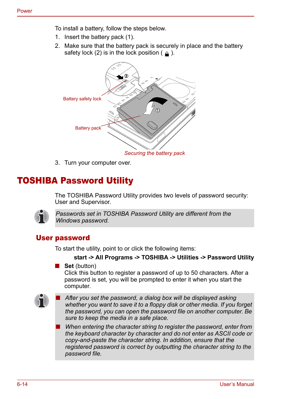 Toshiba password utility, Toshiba password utility -14, User password | Toshiba Qosmio F30 (PQF32) User Manual | Page 128 / 276