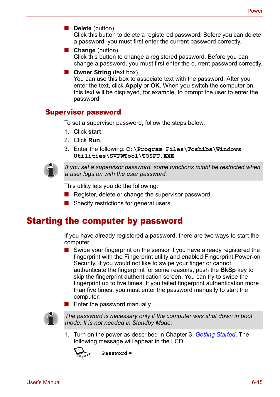 Starting the computer by password, Starting the computer by password -15, Supervisor password | Toshiba Qosmio F30 (PQF32) User Manual | Page 129 / 276