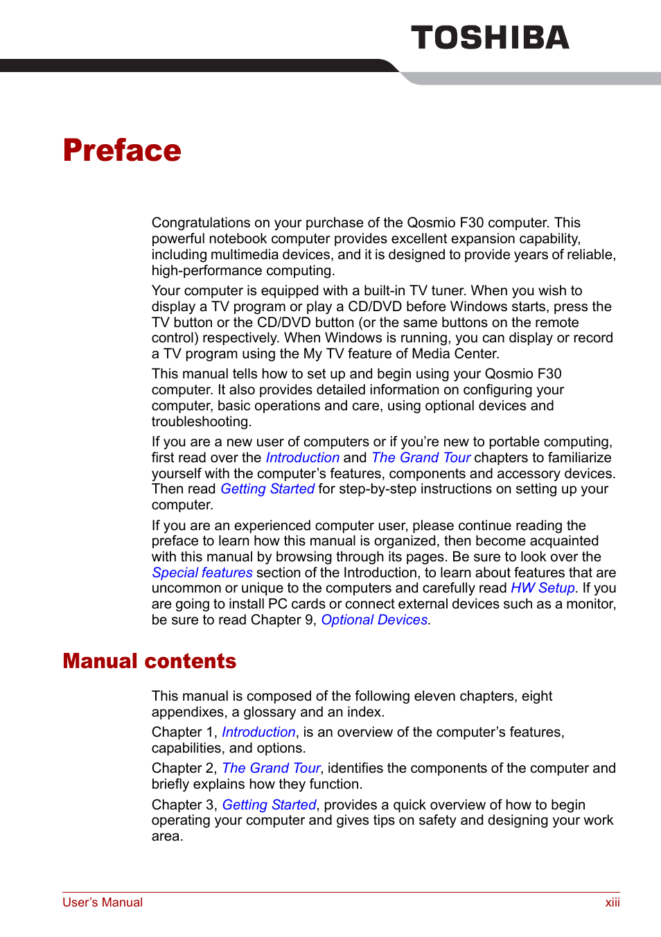 Preface, Manual contents | Toshiba Qosmio F30 (PQF32) User Manual | Page 13 / 276