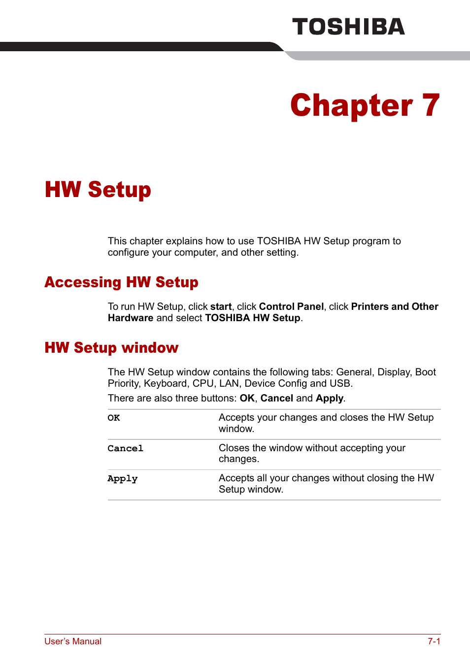 Chapter 7 - hw setup, Accessing hw setup, Hw setup window | Chapter 7, Hw setup, Accessing hw setup -1 hw setup window -1 | Toshiba Qosmio F30 (PQF32) User Manual | Page 131 / 276